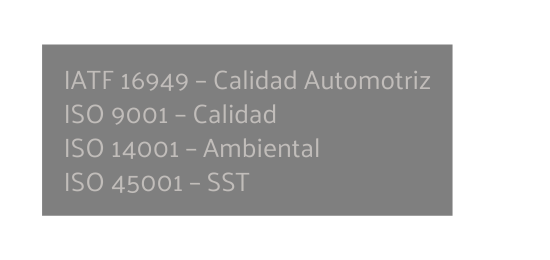 IATF 16949 Calidad Automotriz ISO 9001 Calidad ISO 14001 Ambiental ISO 45001 SST